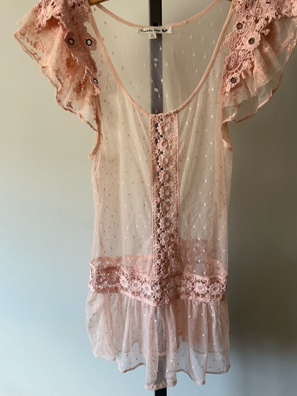 Double Zero Lace Crochet Pink Cotton Swiss Dot Peplum Top Boho Coquette Sheer - Picture 4 of 8